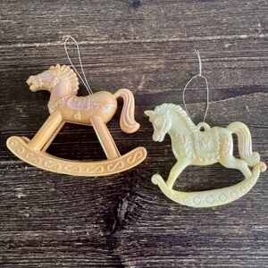 Vintage Iridescent Rocking Horse Christmas Ornaments Set of 2 Peach Cream Retro